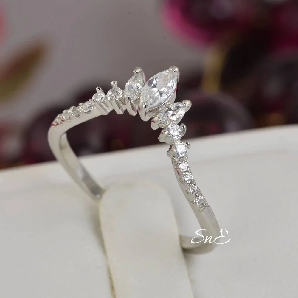 Round Marquis Diamond Enhancer Guard Ring 14K White Gold Crown Wedding Band
